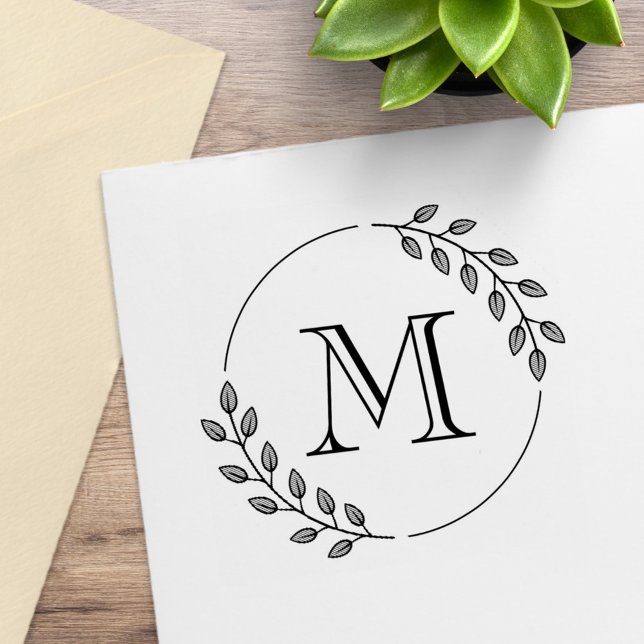 Tampons Encreurs Couronne de feuilles rondes monogramme initial (Créateur téléchargé)