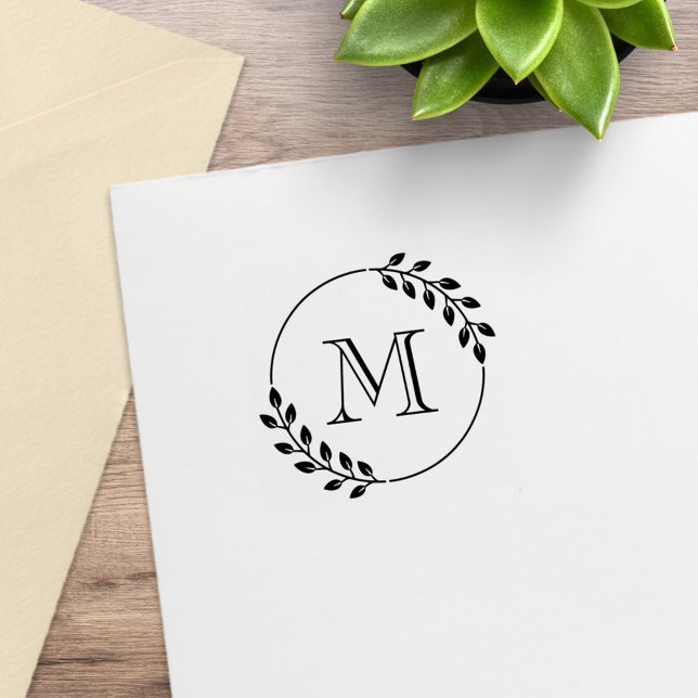 Tampons Encreurs Couronne de feuilles rondes monogramme initiale 1x (Créateur téléchargé)