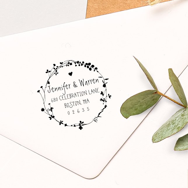 Tampons Encreurs Couronne de fleurs sauvages dessinées à la main Ad (Hand Drawn Wildflower Wreath Return Address Rubber Stamp)
