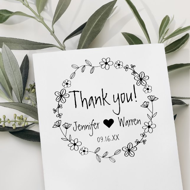 Tampons Encreurs Couronne florale dessinée à la main remerciements  (Floral Hand Drawn Wreath Thank You Personalized Rubber Stamp)
