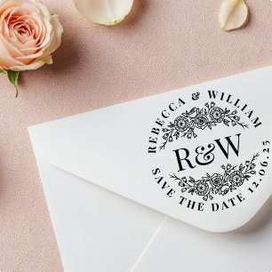 Tampons Encreurs Couronne florale monogramme en bois, carte de sauv