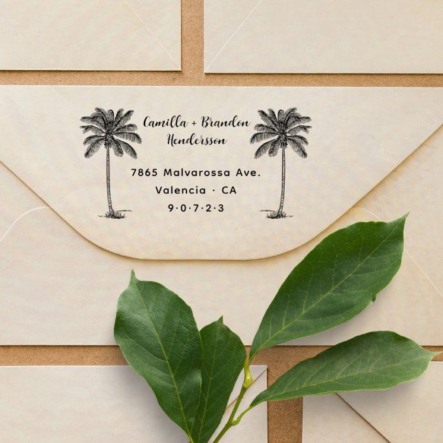 Tampons Encreurs Customisez votre plage/Noms Rustic+Adresse de reto (Tropical Palm Trees Elegant Calligraphy Married Couple Wedding Return Address Stamp)