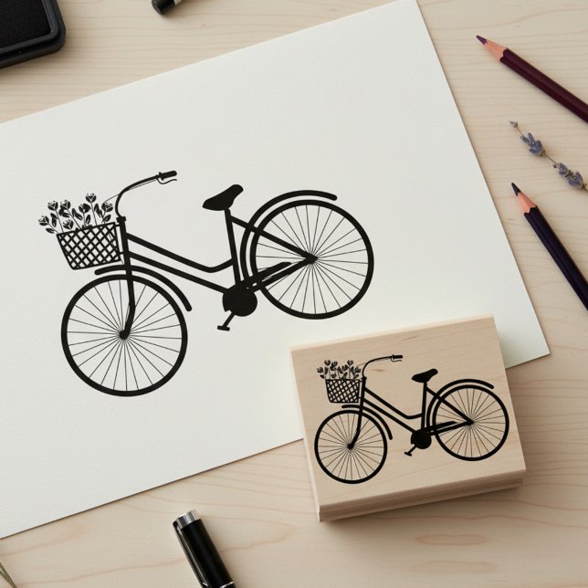 Tampons Encreurs Cute Bicycle with Flowers Wooden Art Stamp (Cute bicycle with flowers wooden art stamp.)