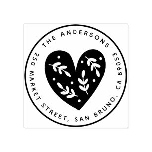 Tampons Encreurs Cute Botanical Heart Round Nom & Adresse de retour