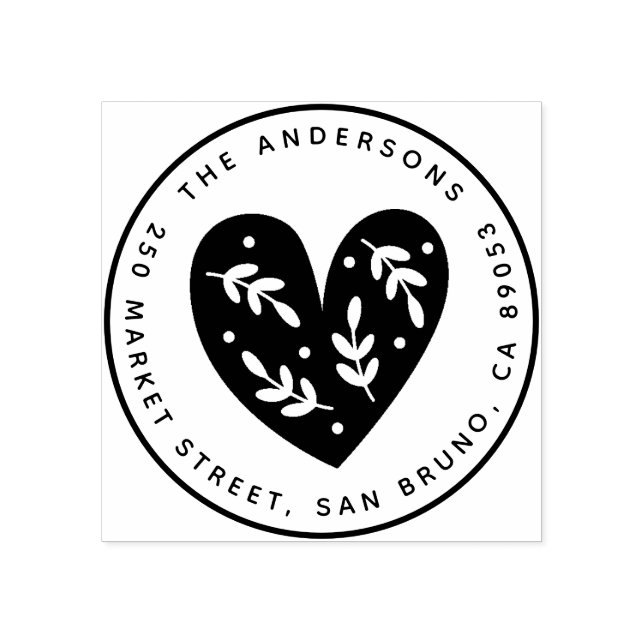 Tampons Encreurs Cute Botanical Heart Round Nom & Adresse de retour (Impression)