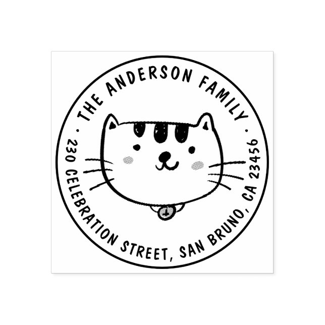 Tampons Encreurs Cute Chat Personnalisé Nom de famille Ronde Adress (Impression)