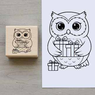 Tampons Encreurs Cute Owl with Gifts Wooden Art Stamp