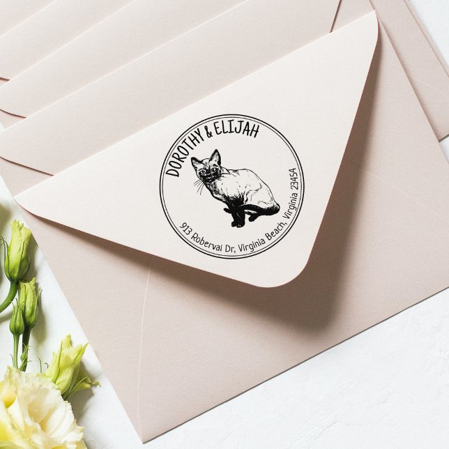 Tampons Encreurs Cute Siamese Chat Adresse de retour Couple, Cercle (Créateur téléchargé)