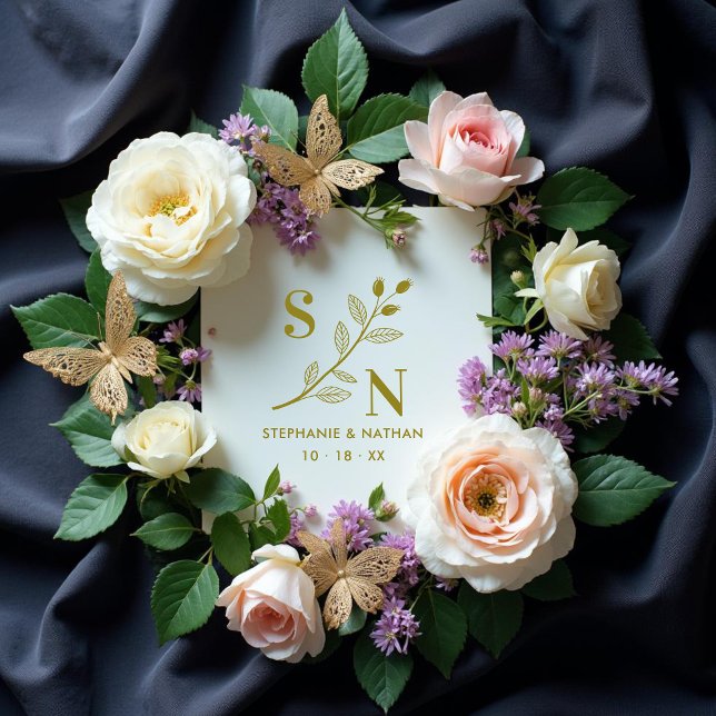 Tampons Encreurs Delicate Initials Wildflowers Branches Wedding  (Delicate Classic Initials Wildflowers Branches Wedding for Rubber Stamps. )