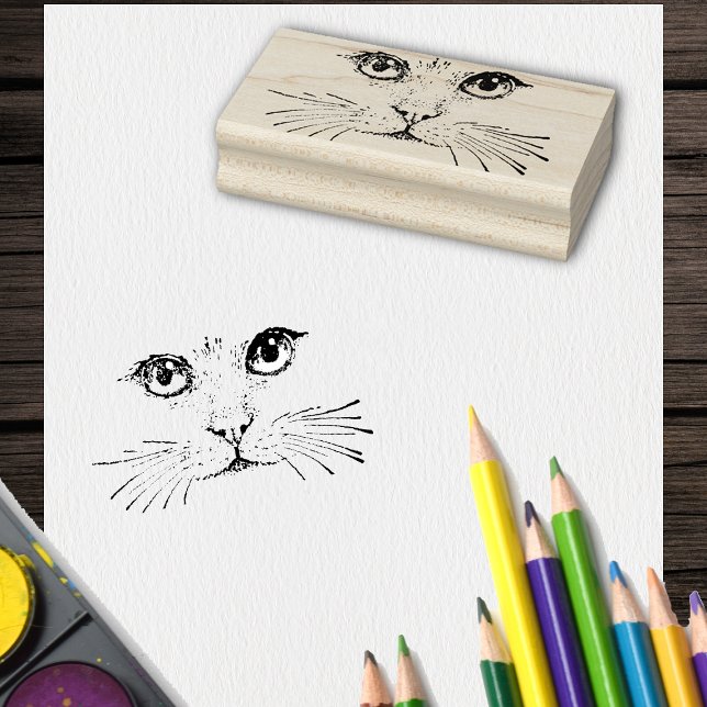 Tampons Encreurs Dessin du visage de chat avec les yeux nez long Wh (Black drawing of cat face with eyes and long whiskers on craft rubber stamp.)
