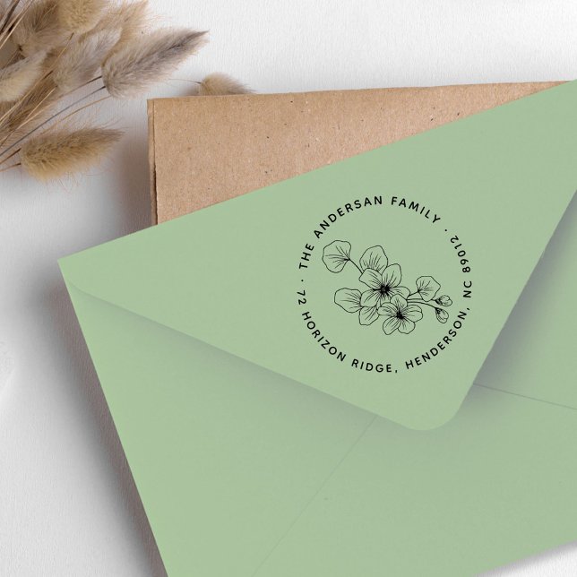 Tampons Encreurs Élégant Floral Feuilles Nom de famille Adresse de  (Elegant Floral Leaves Family Name Return Address Rubber Stamp)