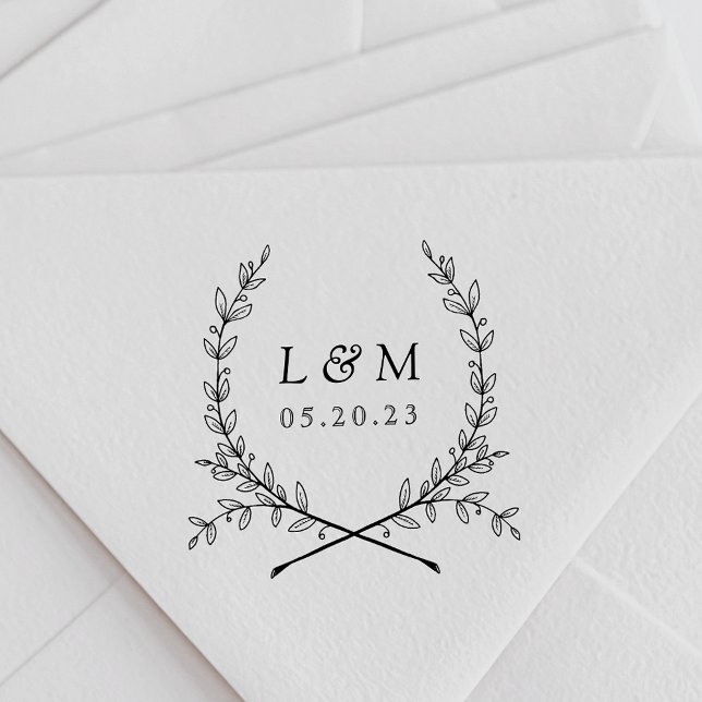 Tampons Encreurs Elegant Laurel Monogram Mariage Enregistrer la dat (Créateur téléchargé)