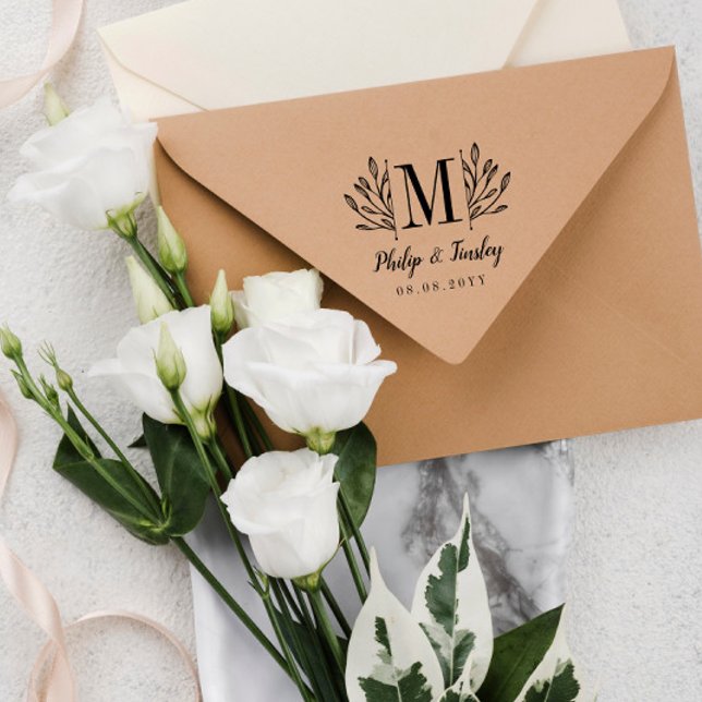 Tampons Encreurs Élégant Monogramme de verdure Noms et Mariage Date (Créateur téléchargé)