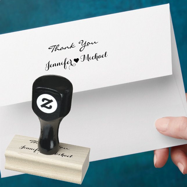 Tampons Encreurs Élégant Script Couple Nom Mariage de coeur Merci (Elegant Script Couple Name Heart Wedding Thank You Rubber Stamp)