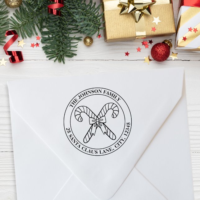 Tampons Encreurs Emblème de famille sucre de canne et Bow + adresse (Candy Cane and Bow Family Emblem + Address Rubber Stamp)