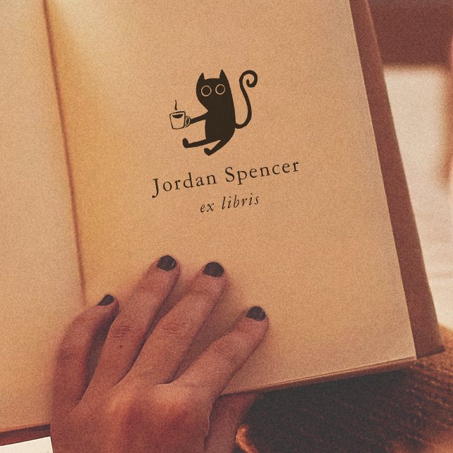 Tampons Encreurs Ex Libris Chat & Café Papeterie de bibliothèque (Rubber Stamp Mock-up)