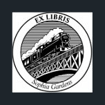 Tampons Encreurs Ex Libris - Train à vapeur sur un pont Timbre en c<br><div class="desc">Un timbre Ex libris avec un dessin en bois d'un train à express vapeur traversant un pont ou un viaduc à grande vitesse. Modifiez le nom pour personnaliser.</div>