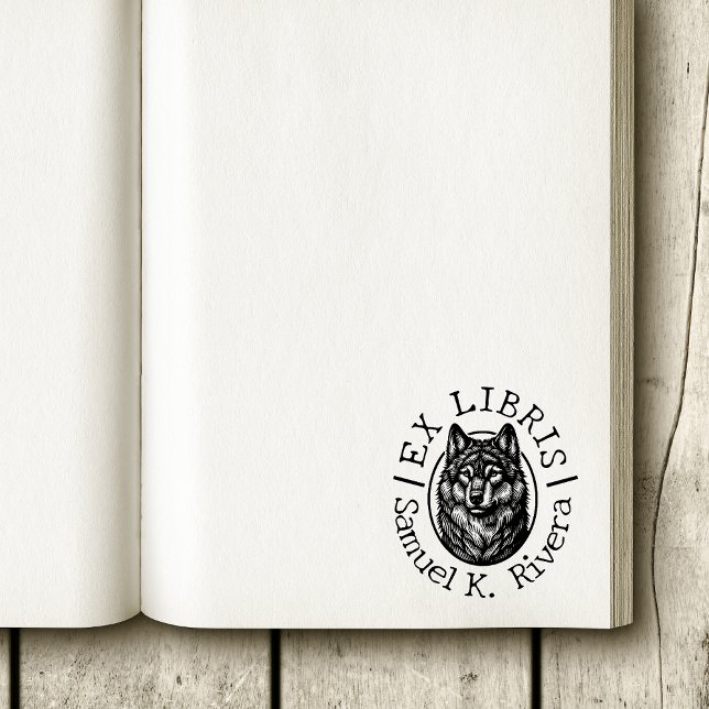 Tampons Encreurs Ex Libris Visage de Loup Nom Personnalisé Livre (Wolf face ex libris book stamp)