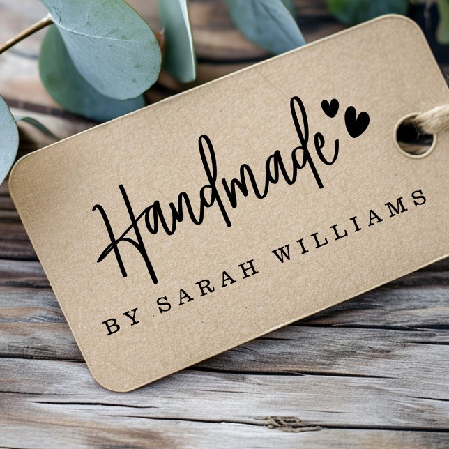 Tampons Encreurs Fabriqué à la main par le coeur de nom script manu (Handmade by name hearts modern handwritten script rubber stamp)