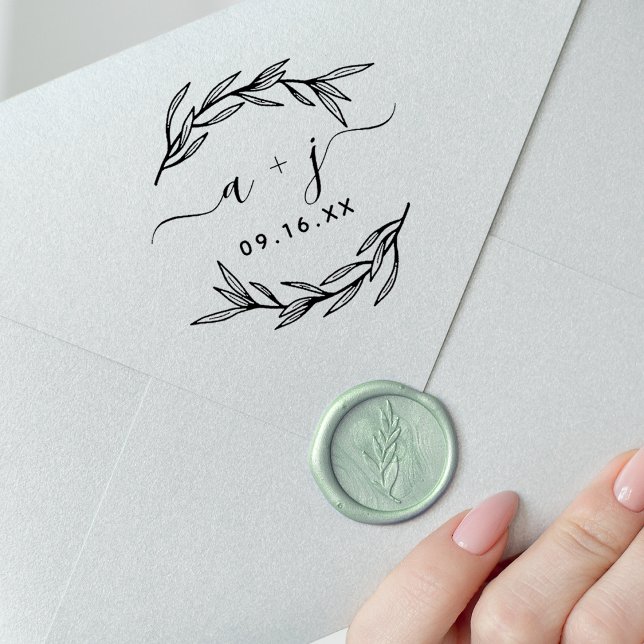 Tampons Encreurs Faire-part de monogramme de couples à feuille de l (Laurel Leaf Script Couples Monogram Save The Date Rubber Stamp)
