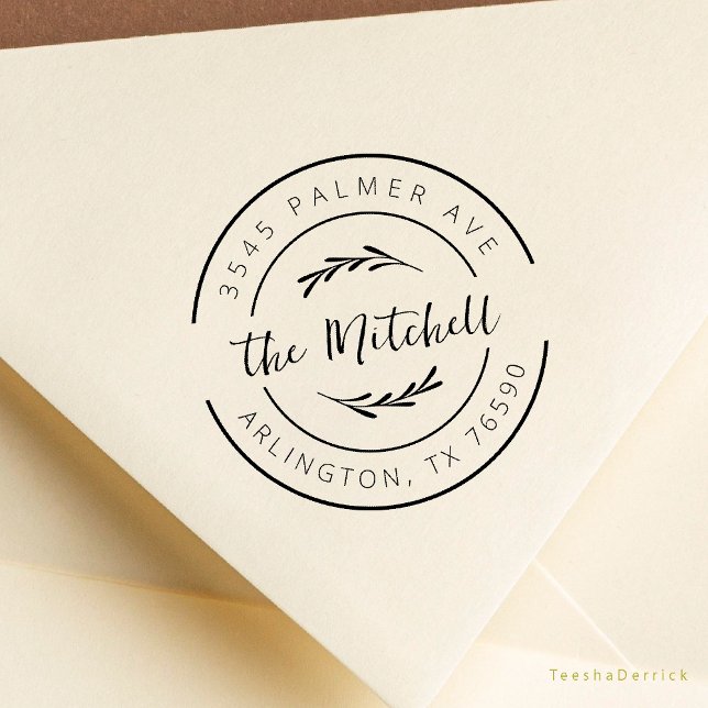 Tampons Encreurs Family Name Return Address Eucalyptus Round Logo (Modern Rustic Family Name Return Address Botanical Round Logo Rubber Stamp Season Greeting Christmas)