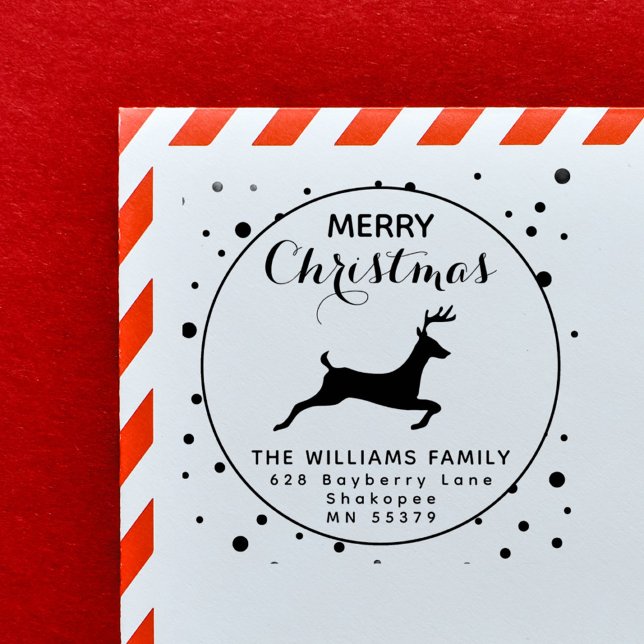 Tampons Encreurs Festin Reindeer Snow Holiday Adresse de retour (Festive Reindeer in the snow globe Holiday Return Address Rubber Stamp)