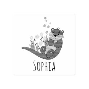 Tampons Encreurs Filles Cute Otter Cartoon Flowers & Name Bookplate