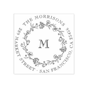 Tampons Encreurs Fleur sauvage Wreath Round Nom de famille Adresse 