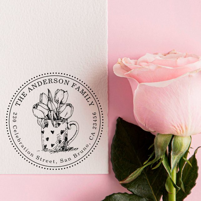 Tampons Encreurs Fleurs dans Mug Nom de famille personnalisé et adr (Créateur téléchargé)