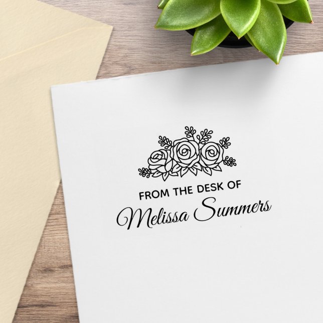 Tampons Encreurs Fleurs Roses élégantes Nom personnalisé du bureau  (Créateur téléchargé)
