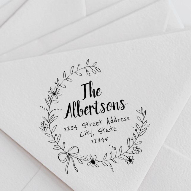 Tampons Encreurs Floral Ribbon Wreath Nom de famille Adresse de ret (Créateur téléchargé)