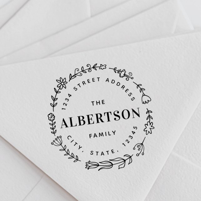 Tampons Encreurs Floral Wreath Nom de famille Adresse de retour (Créateur téléchargé)