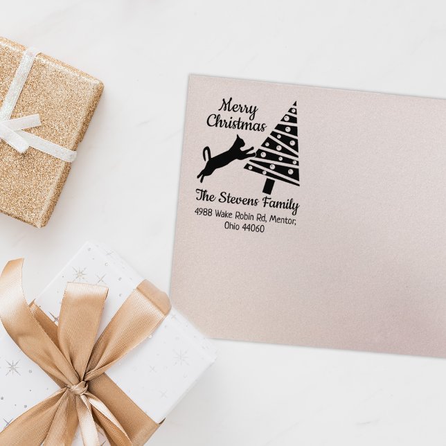 Tampons Encreurs Funny Chat Joyeux Noël Famille Adresse de retour (Créateur téléchargé)