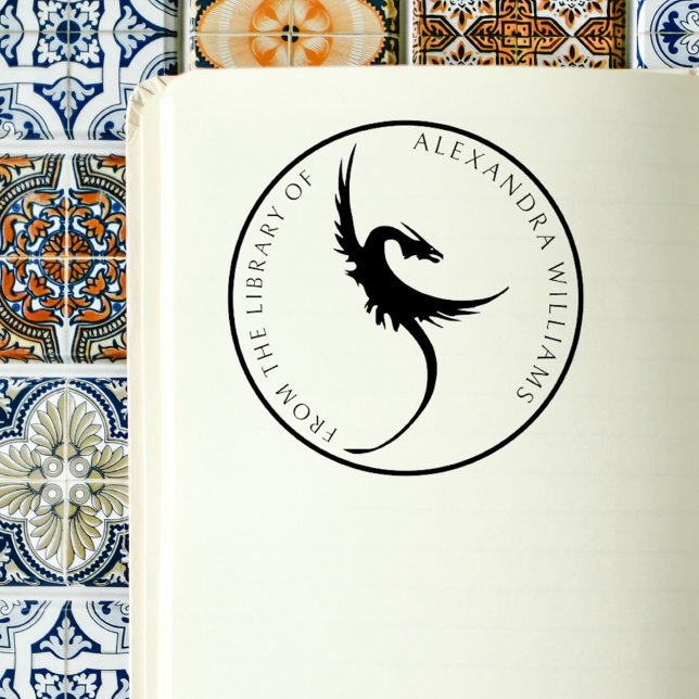 Tampons Encreurs Gothique Dragon Nom personnalisé Bibliothèque Vint (Gothic Dragon Elegant Vintage Library Book Stamp)