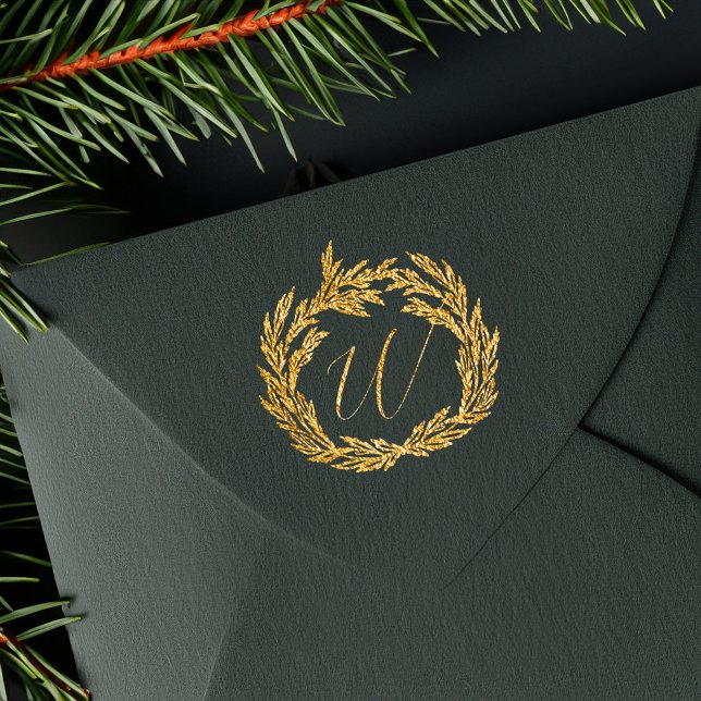 Tampons Encreurs Hiver Garland Wreath Calliage Monogramme Crest (Winter Garland Wreath Calligraphy Monogram Crest Rubber Stamp with (Golden Glitz Ink))