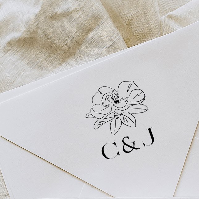 Tampons Encreurs Initiales personnalisées de l'illustration Magnoli (Beautiful Southern-inspired magnolia illustration wedding monogram rubber stamp.)