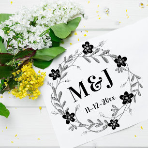 Tampons Encreurs Jolies Fleurs Monogrammes et Date Mariage personna