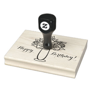 Tampons Encreurs Joyeux Anniversaire, Vase Rose, Timbre en caoutcho