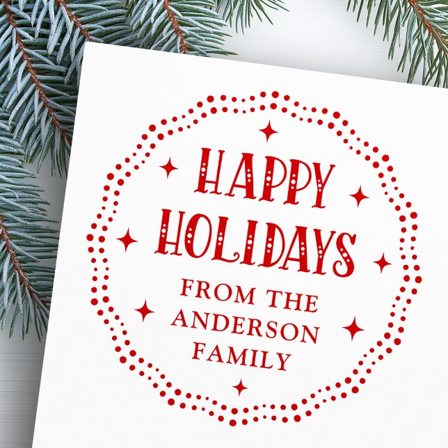 Tampons Encreurs Joyeux jours fériés police point frontière rouge (Happy Holidays festive font dot border red Rubber Stamp)