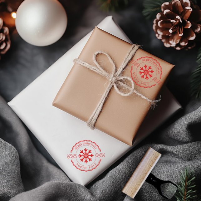 Tampons Encreurs Joyeux Noël Pôle Nord Rouge Classique (Merry Christmas North Pole Red Classic Rubber Stamp)