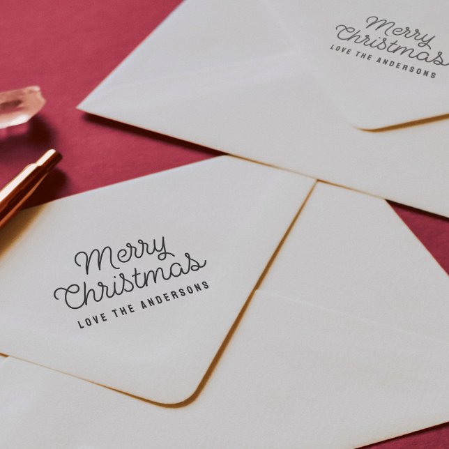 Tampons Encreurs Joyeux Noël Retro Typographie de script (Merry Christmas script retro type with family name rubber address stamp)