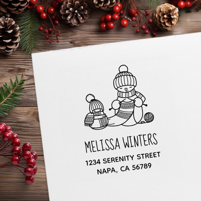 Tampons Encreurs Knitting Snowman in Knitted Hat and Scarf Address (Créateur téléchargé)