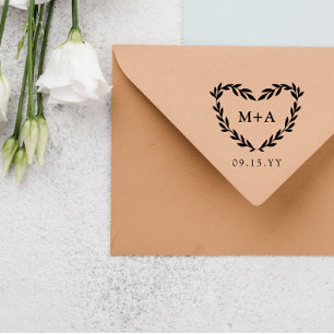 Tampons Encreurs Laurel Heart Wreath Initiales et Mariage Date