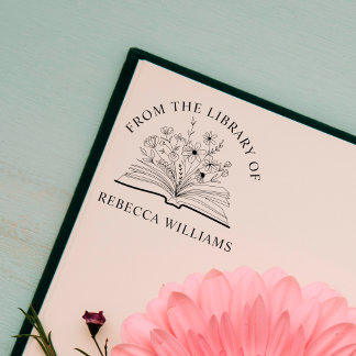 Tampons Encreurs Livre Ouvert & Fleurs Votre Nom De la Bibliothèque