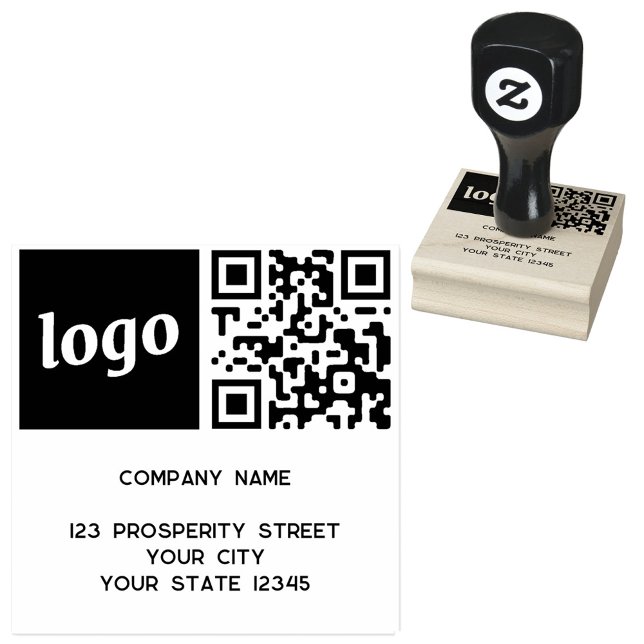 Tampons Encreurs Logo simple Code QR Adresse de retour de l'entrepr (Logo with QR code and custom text promotional business rubber stamp)