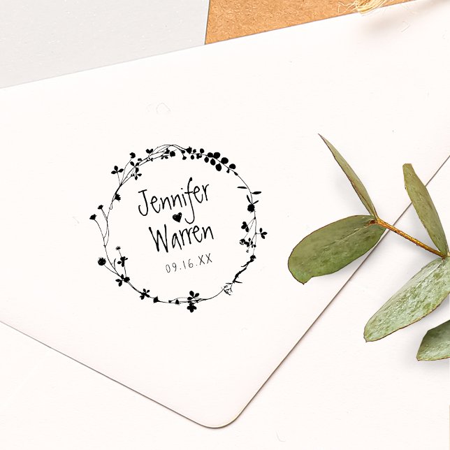 Tampons Encreurs Mariage personnalisé Fleur sauvage à main tirée (Hand Drawn Wildflower Wreath Personalized Wedding Rubber Stamp)