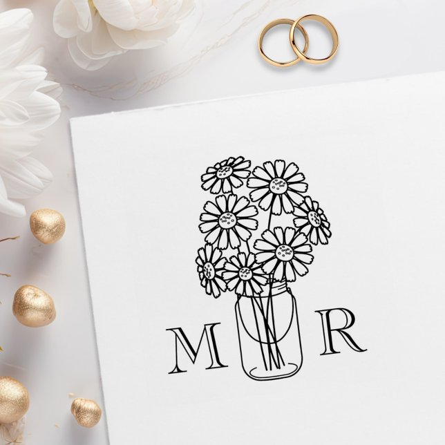 Tampons Encreurs Mason Jar Daisy Fleurs Mariage Monogrammes Initial (Créateur téléchargé)