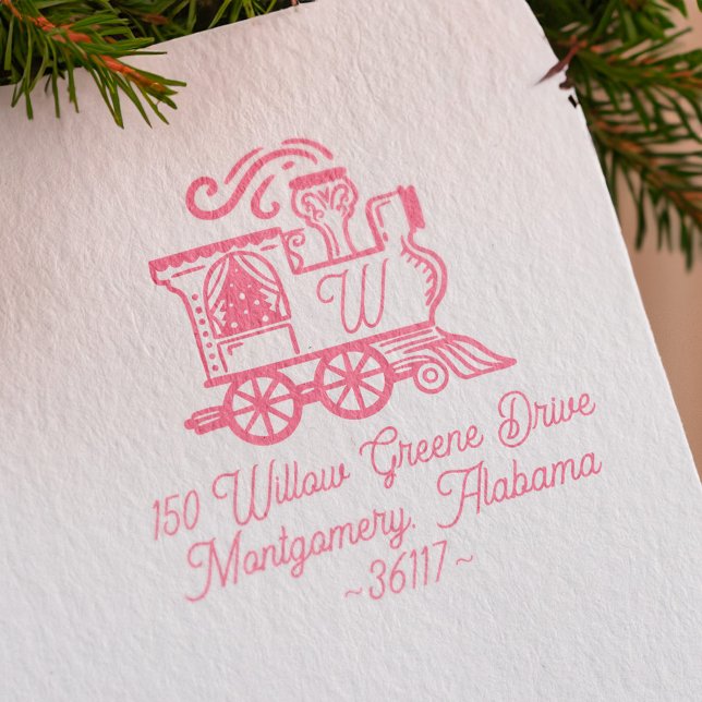 Tampons Encreurs Monogramme Train Vintage Arbre de Noël (Monogram Vintage Train Christmas Tree Delivery Rubber Stamp)