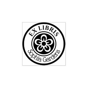 Tampons Encreurs Motif de fleur Ex Libris rond (blanc sur noir)
