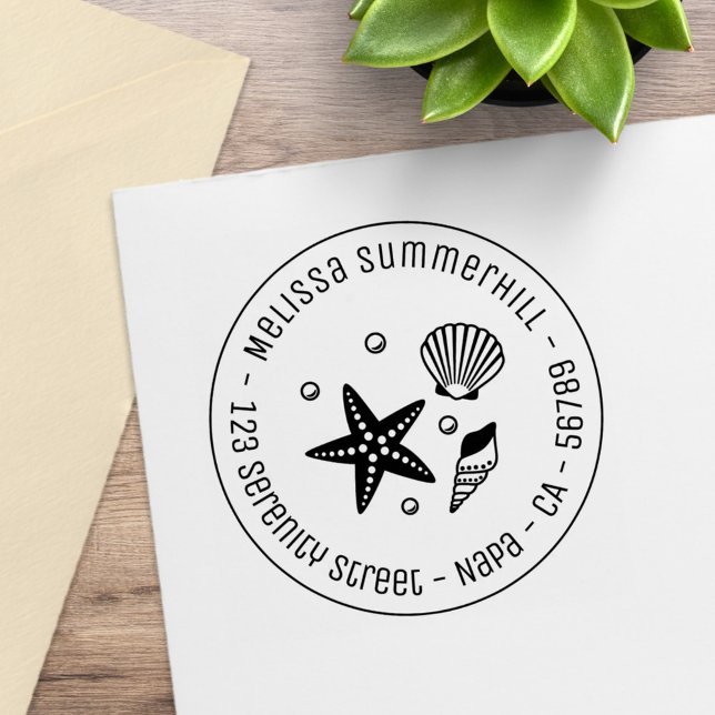 Tampons Encreurs Nautical Seashell Starfish Pearls Adresse ronde (Créateur téléchargé)